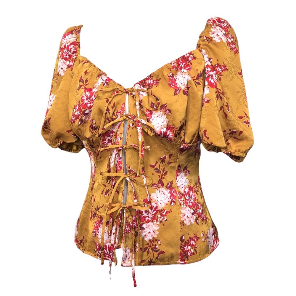 Majorelle Blouse Satin Puff Sleeve Tie Bow Front Orange Floral M